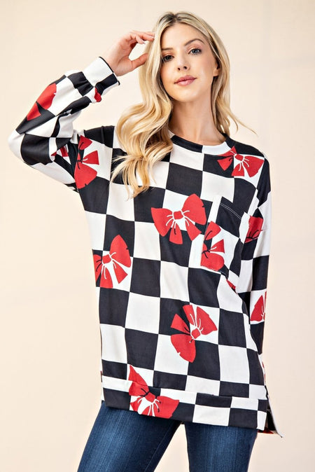 Celeste Full Size Checkered Bow Print Round Neck T-Shirt - S. M. & Co.