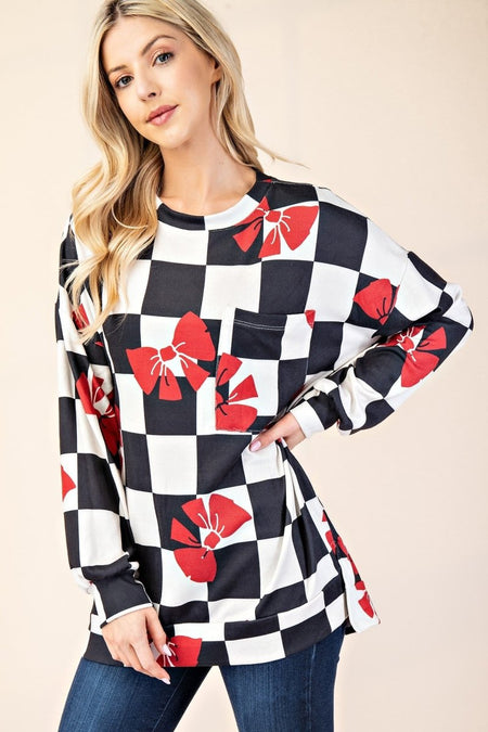 Celeste Full Size Checkered Bow Print Round Neck T-Shirt - S. M. & Co.