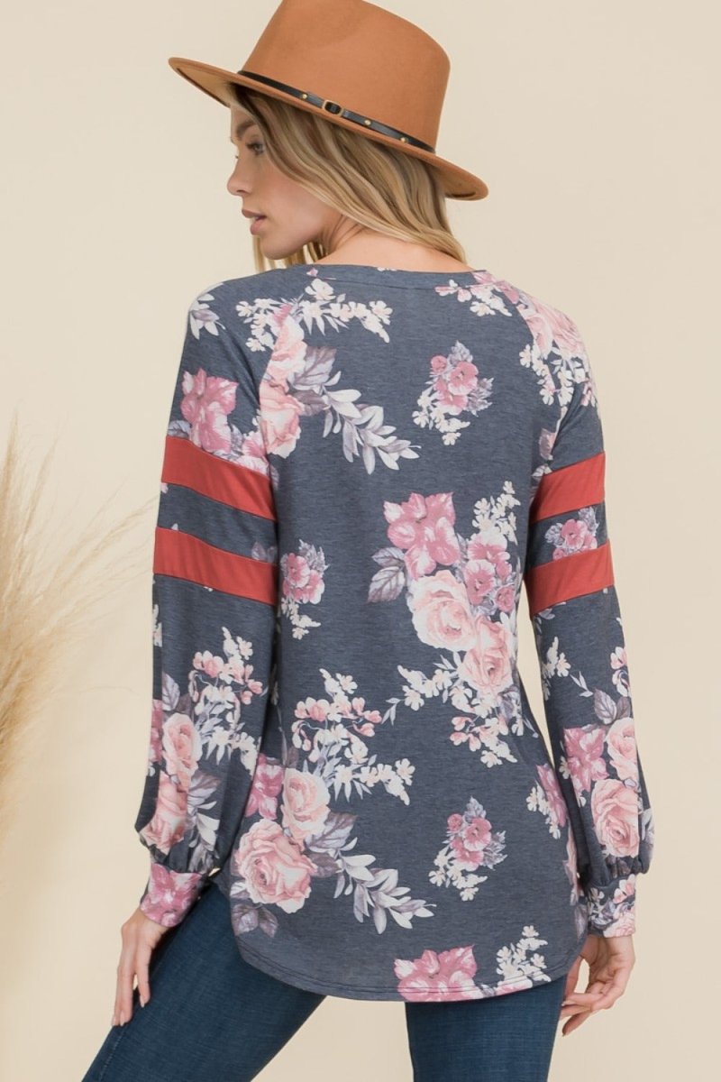 Celeste Full Size Floral Curved Hem T-Shirt with Stripe Detail - S. M. & Co.