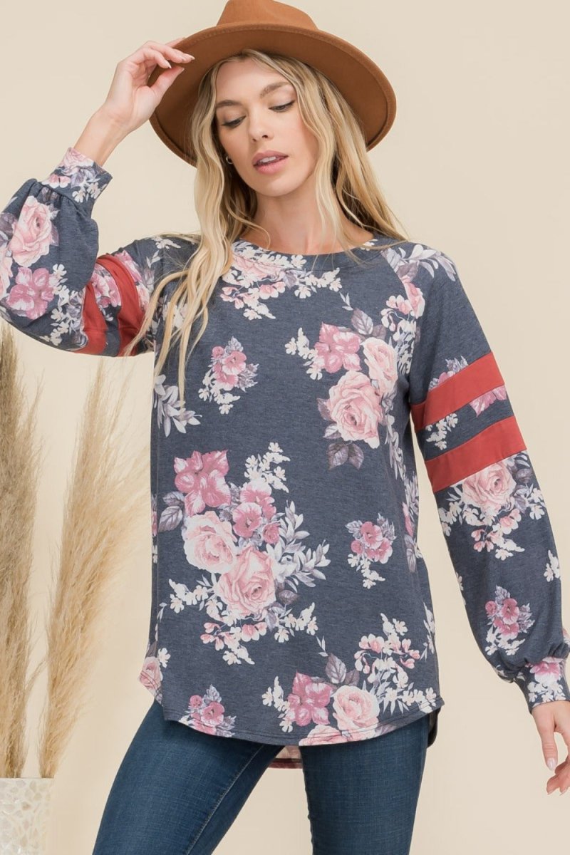 Celeste Full Size Floral Curved Hem T-Shirt with Stripe Detail - S. M. & Co.