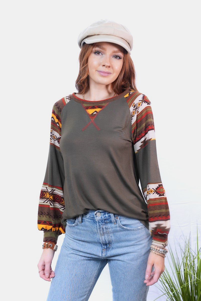 Celeste Full Size Geometric Round Neck Long Sleeve Top - S. M. & Co.