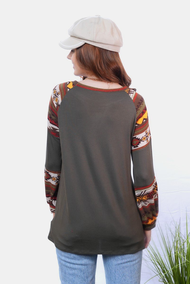 Celeste Full Size Geometric Round Neck Long Sleeve Top - S. M. & Co.