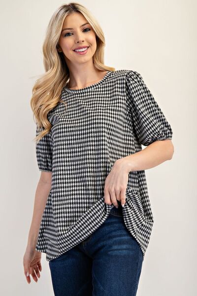 Celeste Full Size Gingham Print Top With Puff Sleeves Plus Size - S. M. & Co.