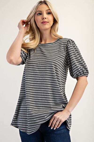 Celeste Full Size Gingham Print Top With Puff Sleeves Plus Size - S. M. & Co.