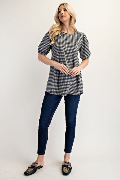 Celeste Full Size Gingham Print Top With Puff Sleeves Plus Size - S. M. & Co.