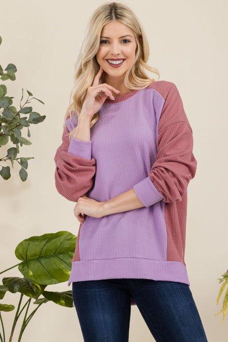 Celeste Full Size High - Low Contrast Round Neck Sweatshirt - S. M. & Co.