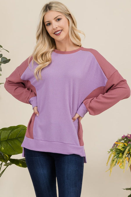 Celeste Full Size High - Low Contrast Round Neck Sweatshirt - S. M. & Co.