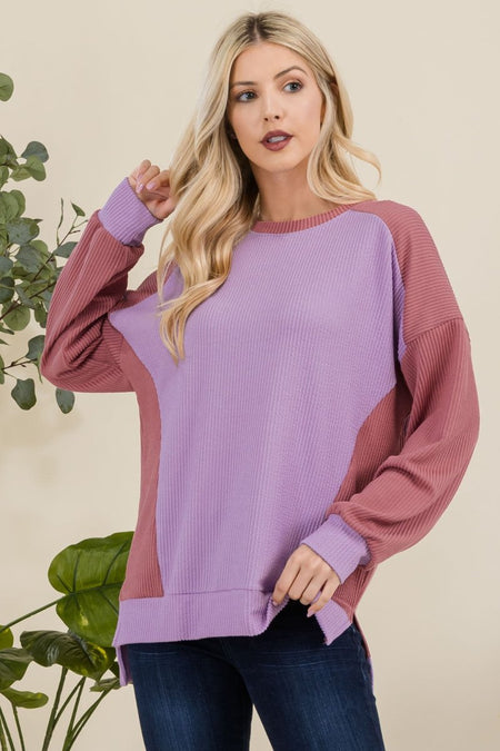 Celeste Full Size High - Low Contrast Round Neck Sweatshirt - S. M. & Co.