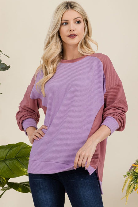 Celeste Full Size High - Low Contrast Round Neck Sweatshirt - S. M. & Co.