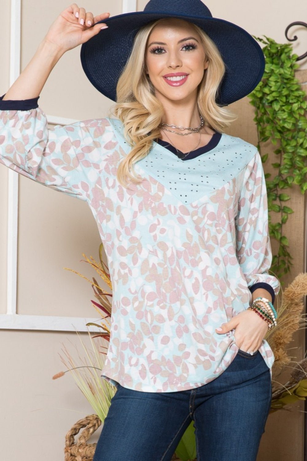 Celeste Full Size Leaf Print Contrast Trim Balloon Sleeve Top - S. M. & Co. Shirts & Tops