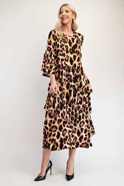 Celeste Full Size Leopard Asymmetrical Ruffle Midi Dress Plus Size - S. M. & Co.