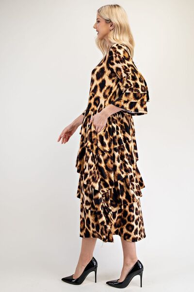 Celeste Full Size Leopard Asymmetrical Ruffle Midi Dress Plus Size - S. M. & Co.