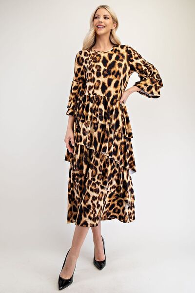 Celeste Full Size Leopard Asymmetrical Ruffle Midi Dress Plus Size - S. M. & Co.