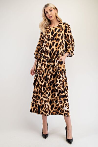 Celeste Full Size Leopard Asymmetrical Ruffle Midi Dress Plus Size - S. M. & Co.