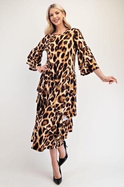 Celeste Full Size Leopard Asymmetrical Ruffle Midi Dress Plus Size - S. M. & Co.