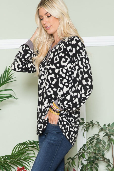 Celeste Full Size Leopard V - Neck Long Sleeve Blouse - S. M. & Co.