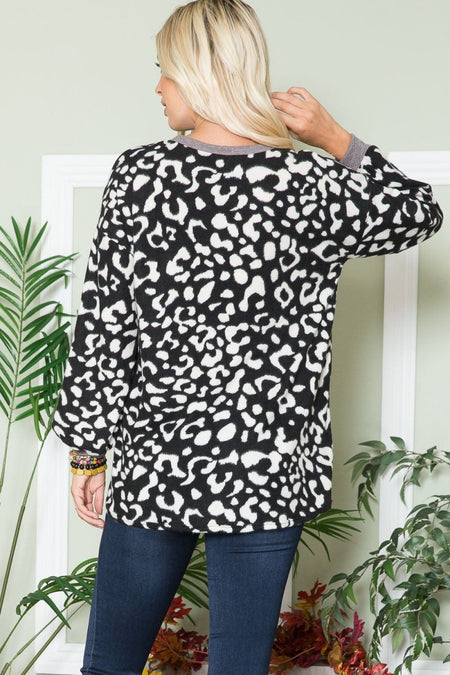 Celeste Full Size Leopard V - Neck Long Sleeve Blouse - S. M. & Co.