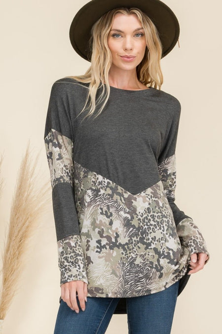 Celeste Full Size Mixed Animal Print Contrast Long Sleeve T-Shirt - S. M. & Co.