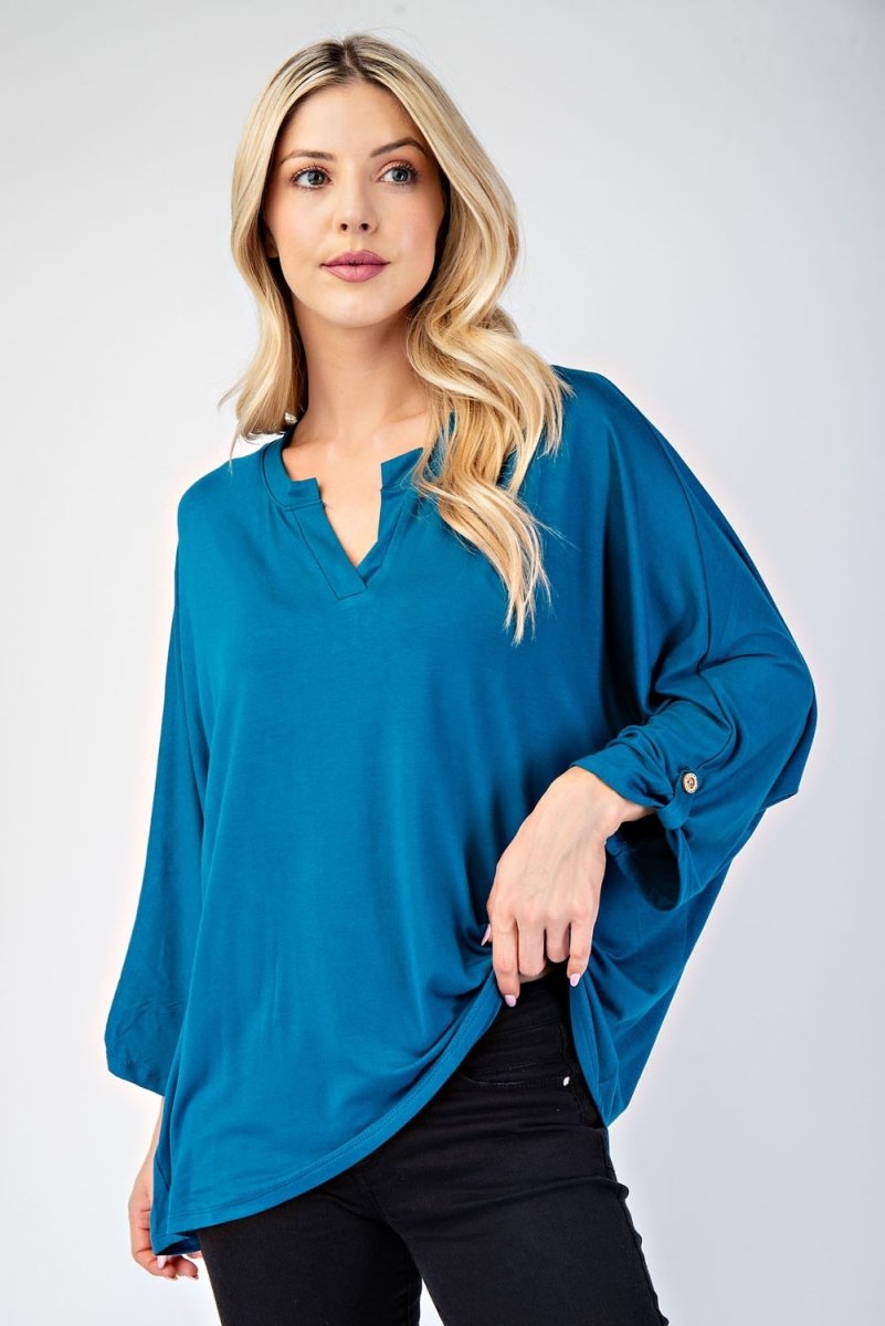 Celeste Full Size Notched Three - Quarter Sleeve Blouse - S. M. & Co.