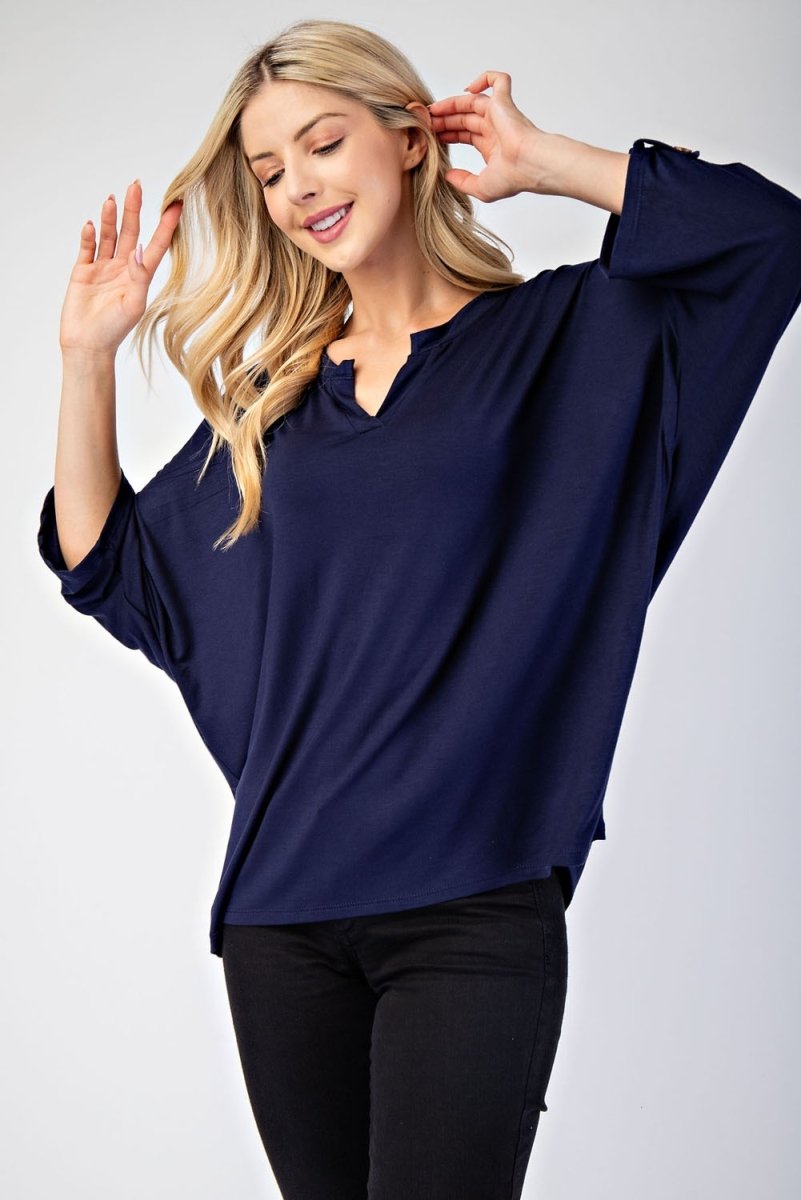 Celeste Full Size Notched Three - Quarter Sleeve Blouse - S. M. & Co.