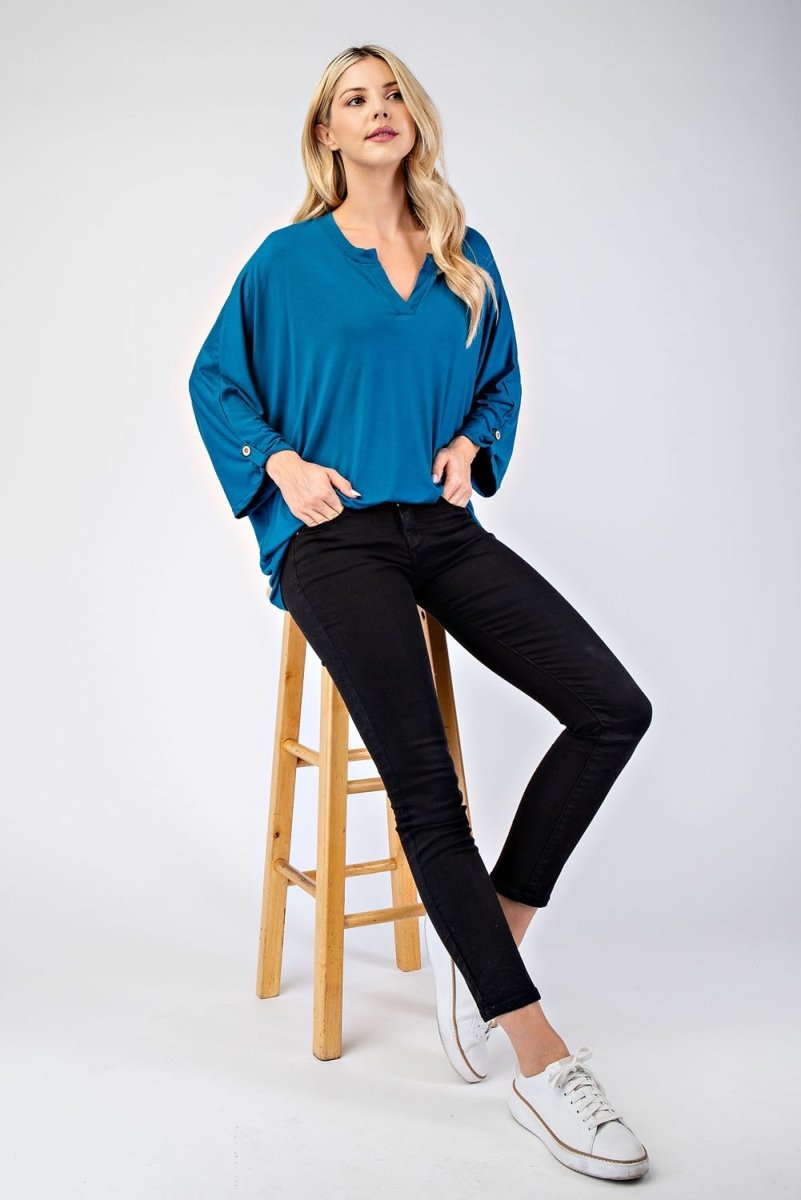 Celeste Full Size Notched Three - Quarter Sleeve Blouse - S. M. & Co.