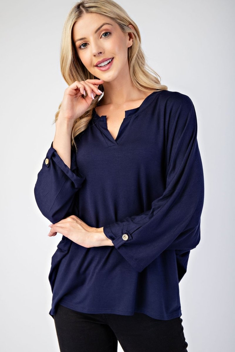 Celeste Full Size Notched Three - Quarter Sleeve Blouse - S. M. & Co.