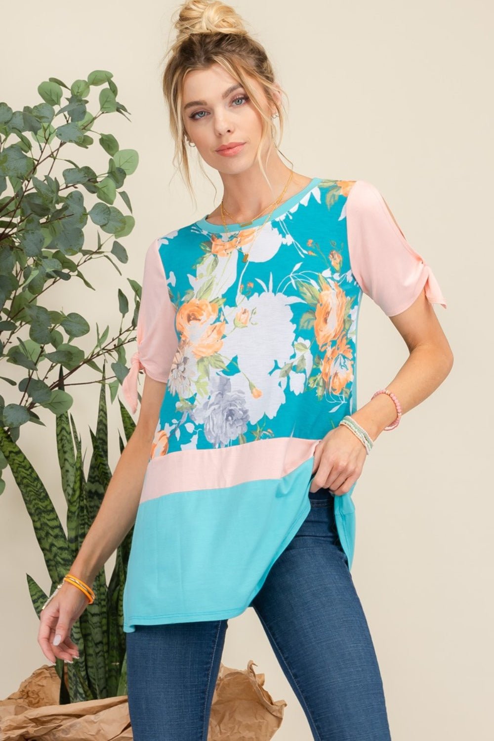 Celeste Full Size Open Tie Sleeve Floral Contrast Top - S. M. & Co. Shirts & Tops