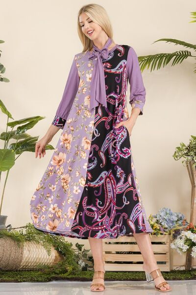 Celeste Full Size Paisley And Floral Contrast Tent Midi Dress Plus Size - S. M. & Co.