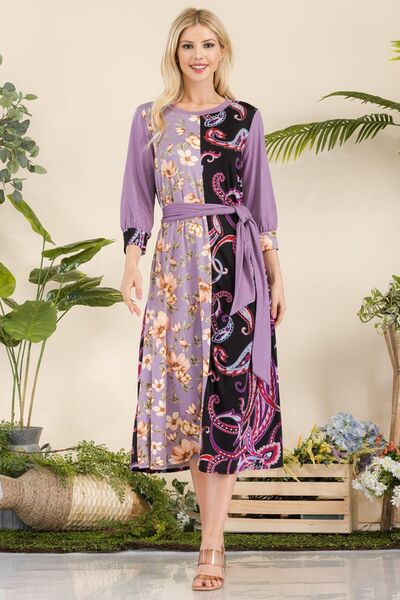 Celeste Full Size Paisley And Floral Contrast Tent Midi Dress Plus Size - S. M. & Co.