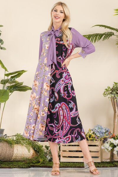 Celeste Full Size Paisley And Floral Contrast Tent Midi Dress Plus Size - S. M. & Co.