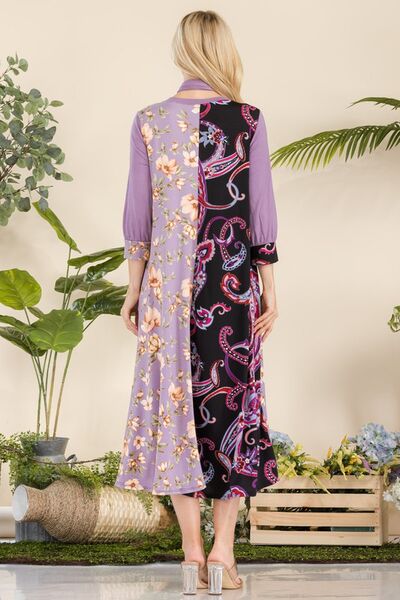 Celeste Full Size Paisley And Floral Contrast Tent Midi Dress Plus Size - S. M. & Co.