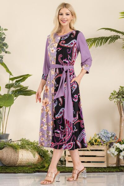 Celeste Full Size Paisley And Floral Contrast Tent Midi Dress Plus Size - S. M. & Co.