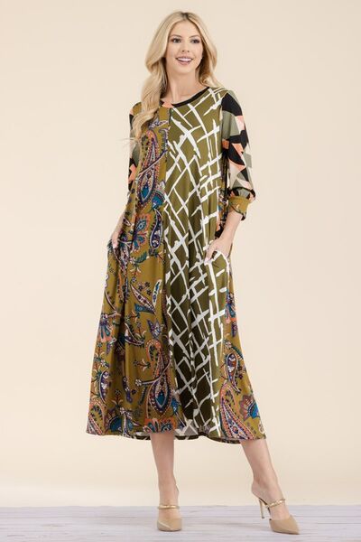 Celeste Full Size Paisley Contrast Tent Midi Dress Plus Size - S. M. & Co.