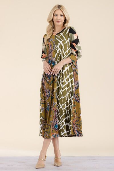 Celeste Full Size Paisley Contrast Tent Midi Dress Plus Size - S. M. & Co.