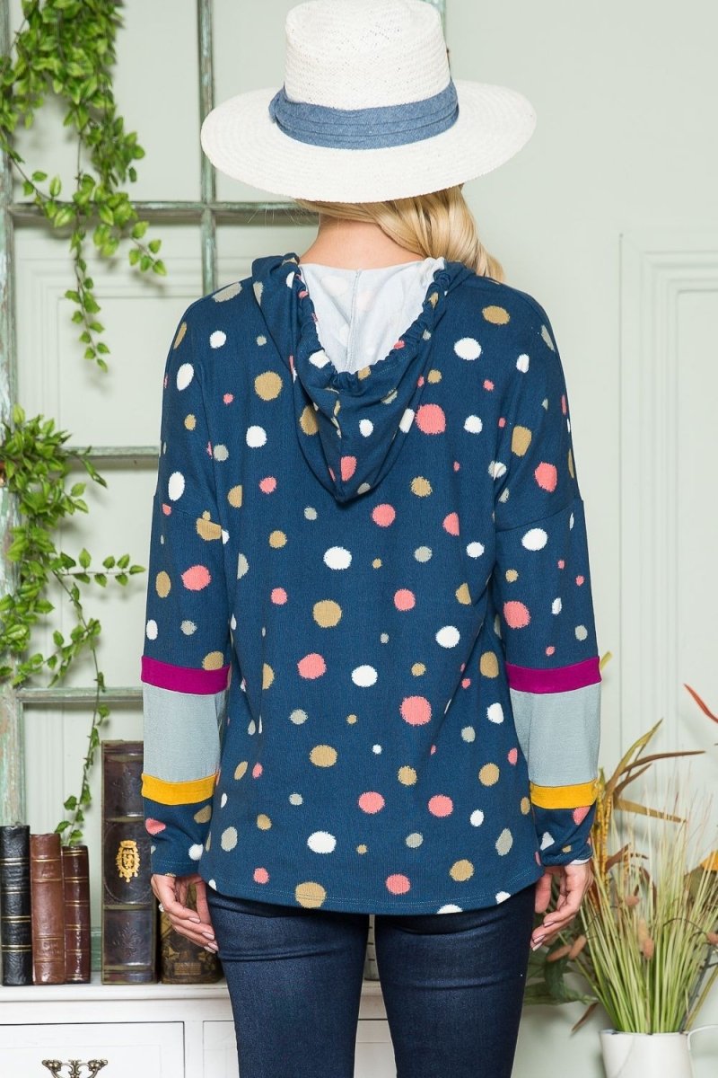 Celeste Full Size Polka Dot Drawstring Hoodie - S. M. & Co.