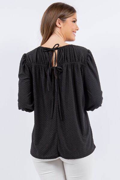 Celeste Full Size Puff Sleeve and Bow Detail Top Plus Size - S. M. & Co.