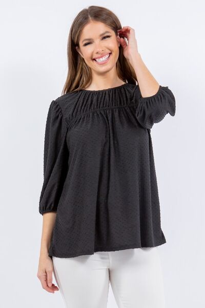 Celeste Full Size Puff Sleeve and Bow Detail Top Plus Size - S. M. & Co.