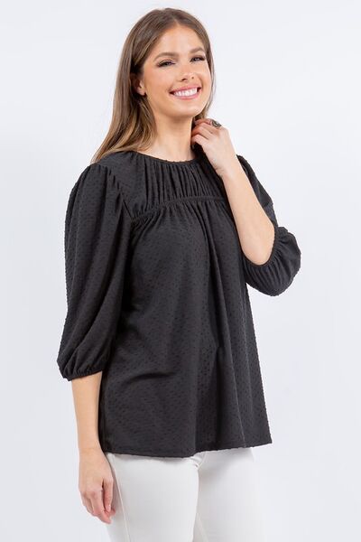 Celeste Full Size Puff Sleeve and Bow Detail Top Plus Size - S. M. & Co.