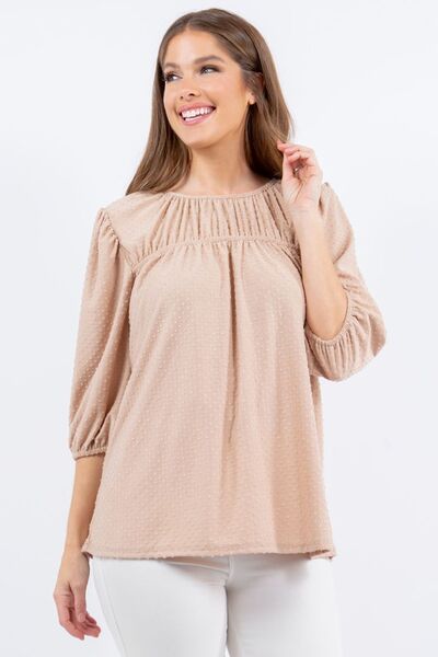 Celeste Full Size Puff Sleeve and Bow Detail Top Plus Size - S. M. & Co.