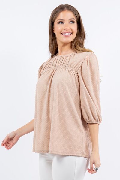 Celeste Full Size Puff Sleeve and Bow Detail Top Plus Size - S. M. & Co.