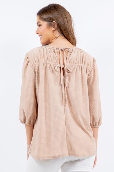 Celeste Full Size Puff Sleeve and Bow Detail Top Plus Size - S. M. & Co.