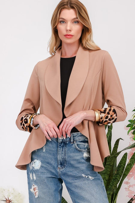 Celeste Full Size Rolled Leopard Cuff Open Front Blazer - S. M. & Co.