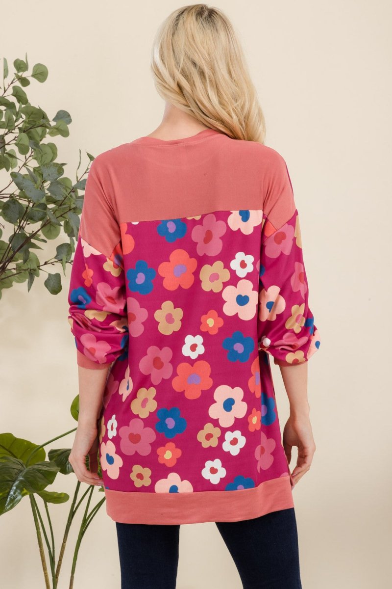 Celeste Full Size Side Slit Flower Print Long Sleeve Top - S. M. & Co.