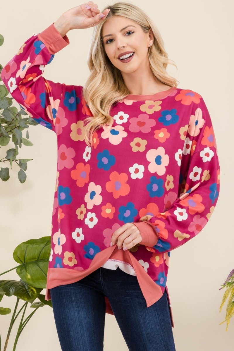 Celeste Full Size Side Slit Flower Print Long Sleeve Top - S. M. & Co.