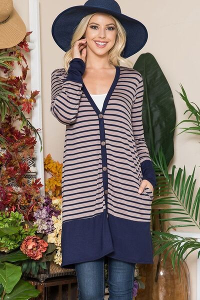 Celeste Full Size Striped Button Up Long Sleeve Cardigan Plus Size - S. M. & Co.