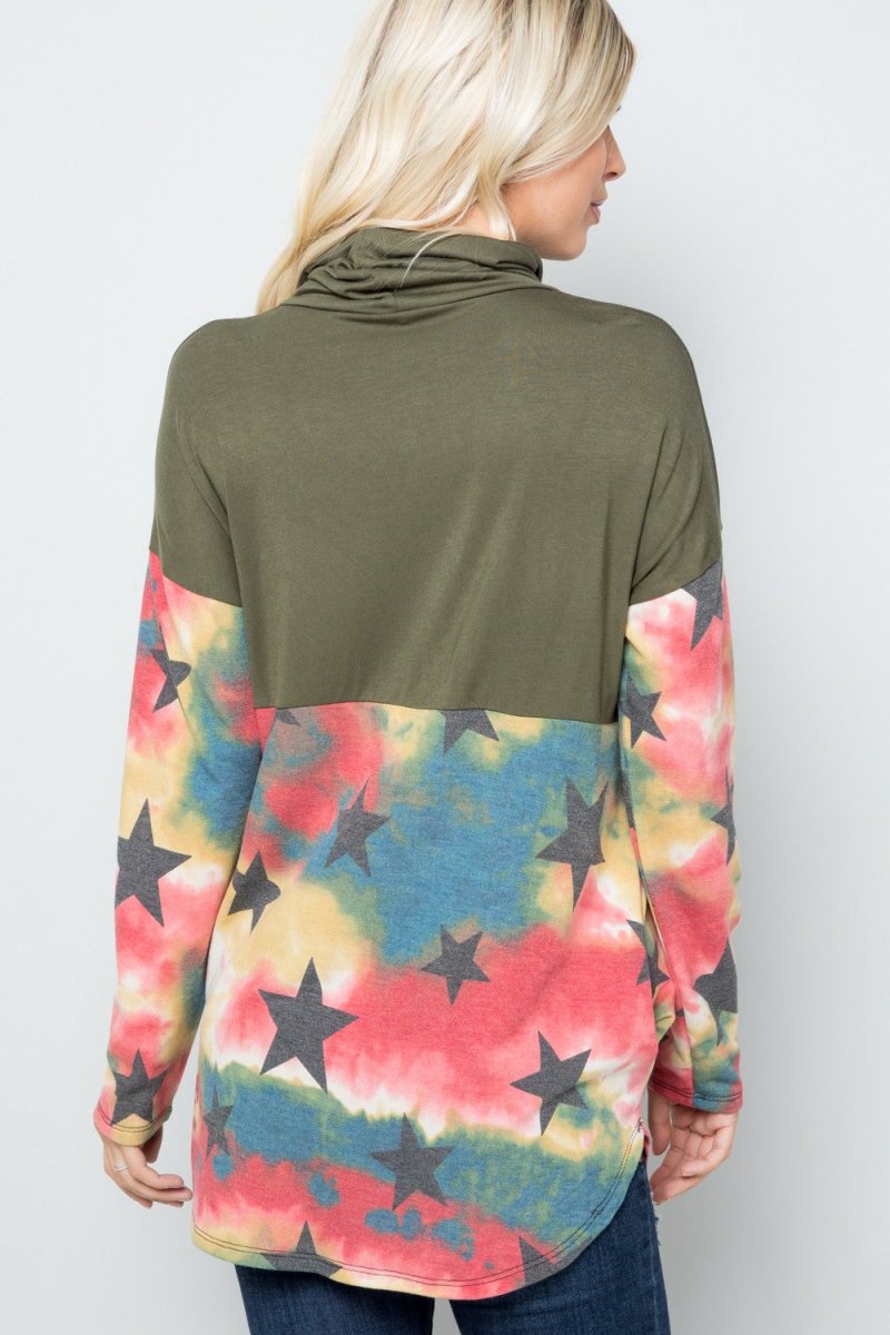 Celeste Full Size Tie - Dye Star Print Long Sleeve Blouse - S. M. & Co.