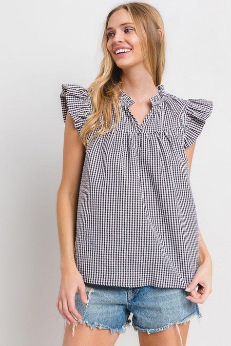 Ces Femme Plaid Notched Ruffled Cap Sleeve Blouse - S. M. & Co.