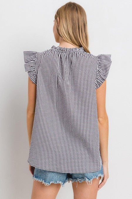 Ces Femme Plaid Notched Ruffled Cap Sleeve Blouse - S. M. & Co.