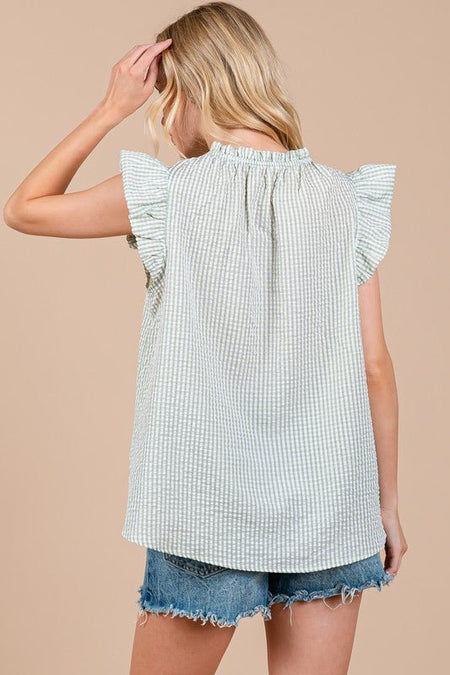 Ces Femme Plaid Notched Ruffled Cap Sleeve Blouse - S. M. & Co.