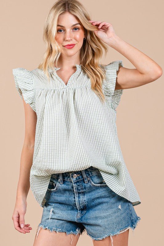 Ces Femme Plaid Notched Ruffled Cap Sleeve Blouse - S. M. & Co.